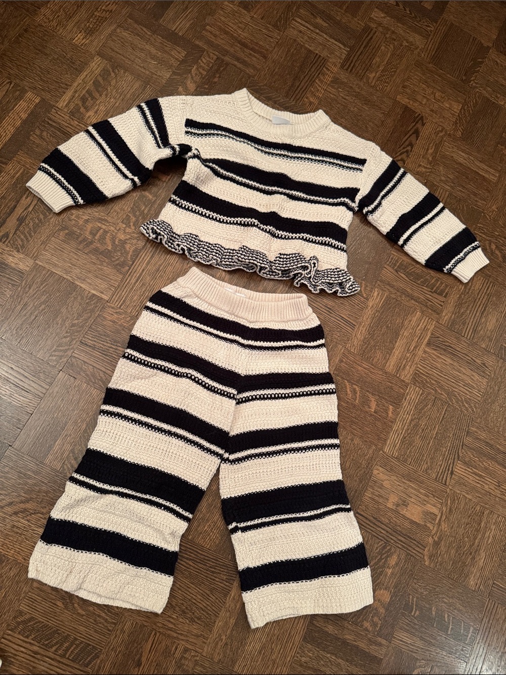 Zara Striped Crochet Knit Sweater & Wide Leg Pants Set - Cream & Black